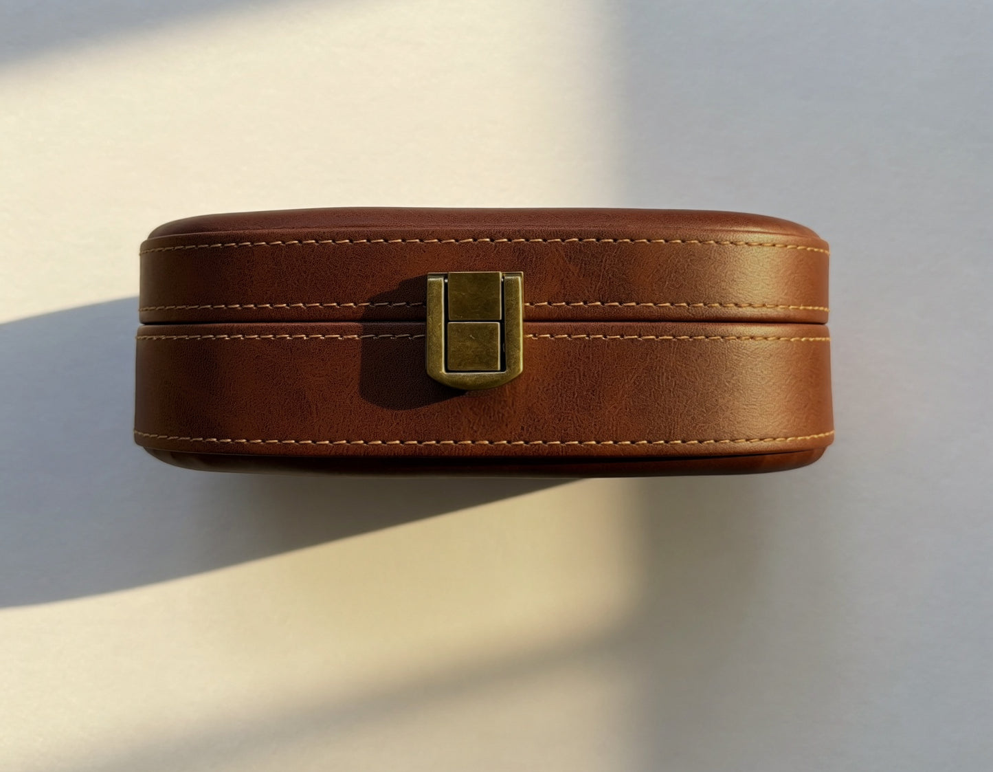 Premium brown leather sunglasses case with brass clasp and handcrafted stitching for luxury eyewear storage.