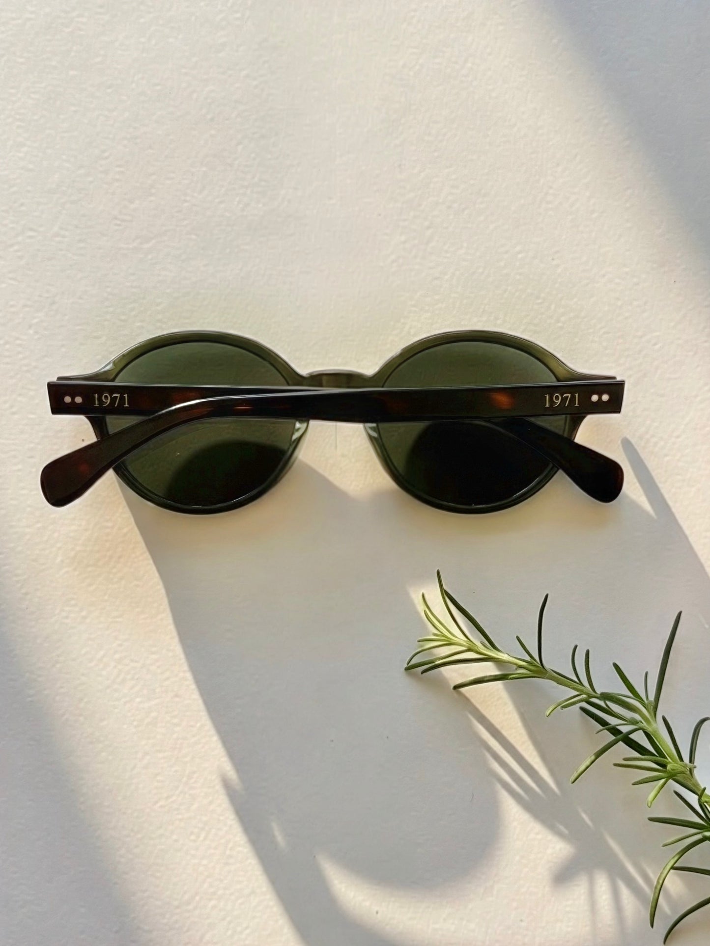 Rear view of Archive No.3 olive green sunglasses showcasing signature 1971 Studio temple branding and handcrafted frame details.