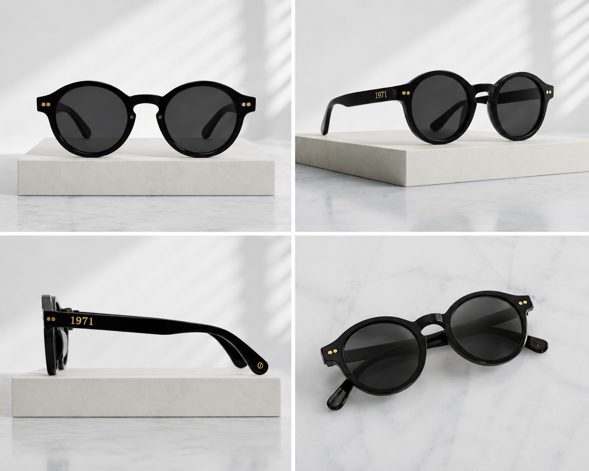 Vintage inspired black sunglasses with round minimal frame design