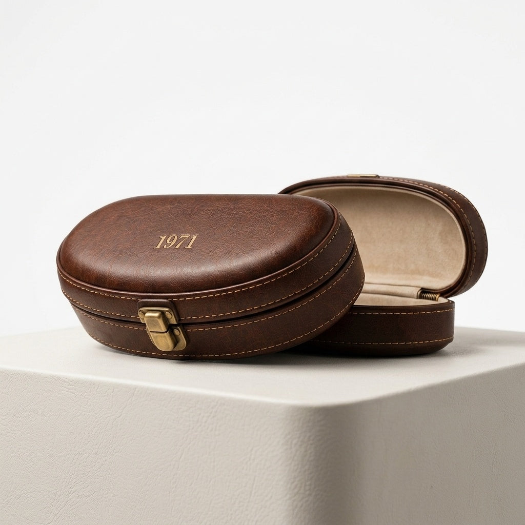 Luxury brown sunglasses case with vintage inspired design by 1971 Studio